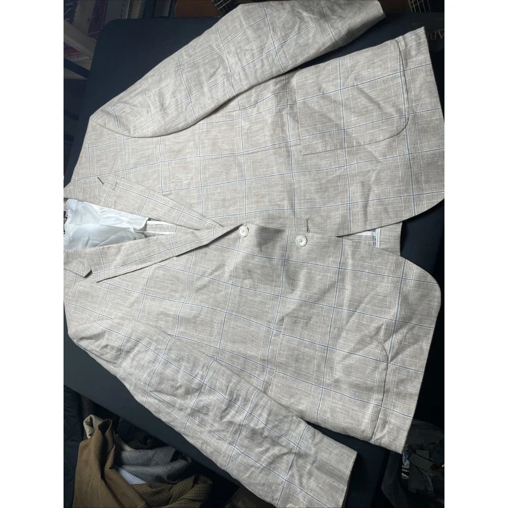 Tommy Hilfiger Linen Unstructured Windowpane Two Button Patch Pockets Blazer